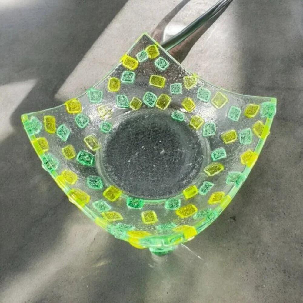 Square Fused Art Glass Dish Plate Whimsical Decor Textured Dish Hand Crafted Vtg